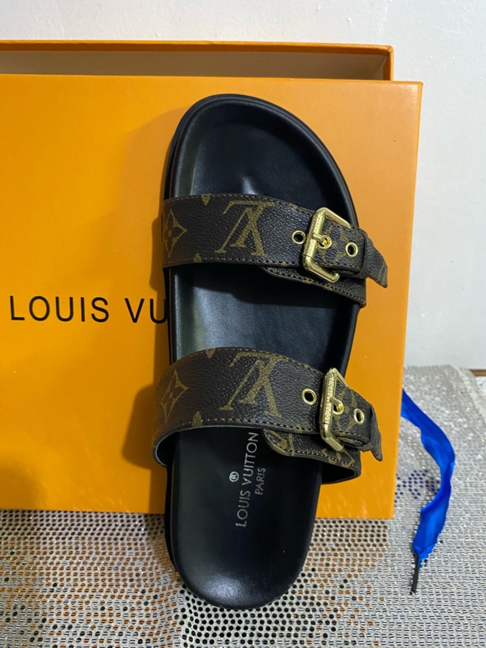 Louis Vuitton Brown Monogram Dual Buckle Slide Sandal with Black Footbed - Picture 3 of 7